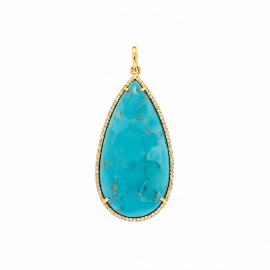 Yellow Gold Turquoise Drop Pendant With Diamonds