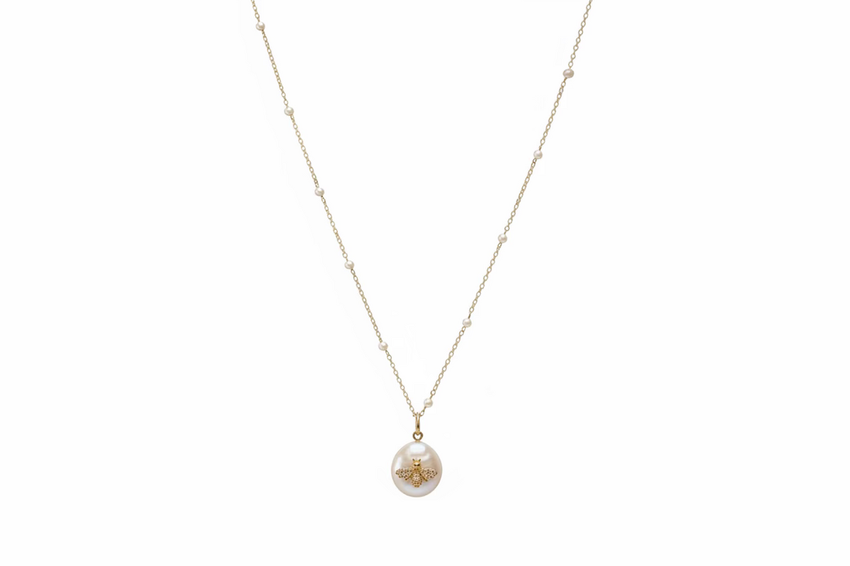 Yellow Gold  Pearl Chain with Pearl Diamond Bee Charm