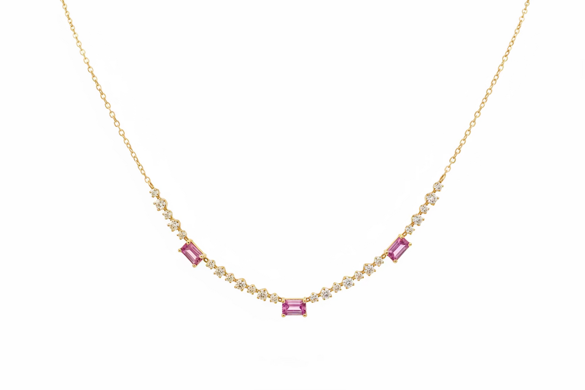 Yellow Gold Diamonds and Pink Sapphire Necklace