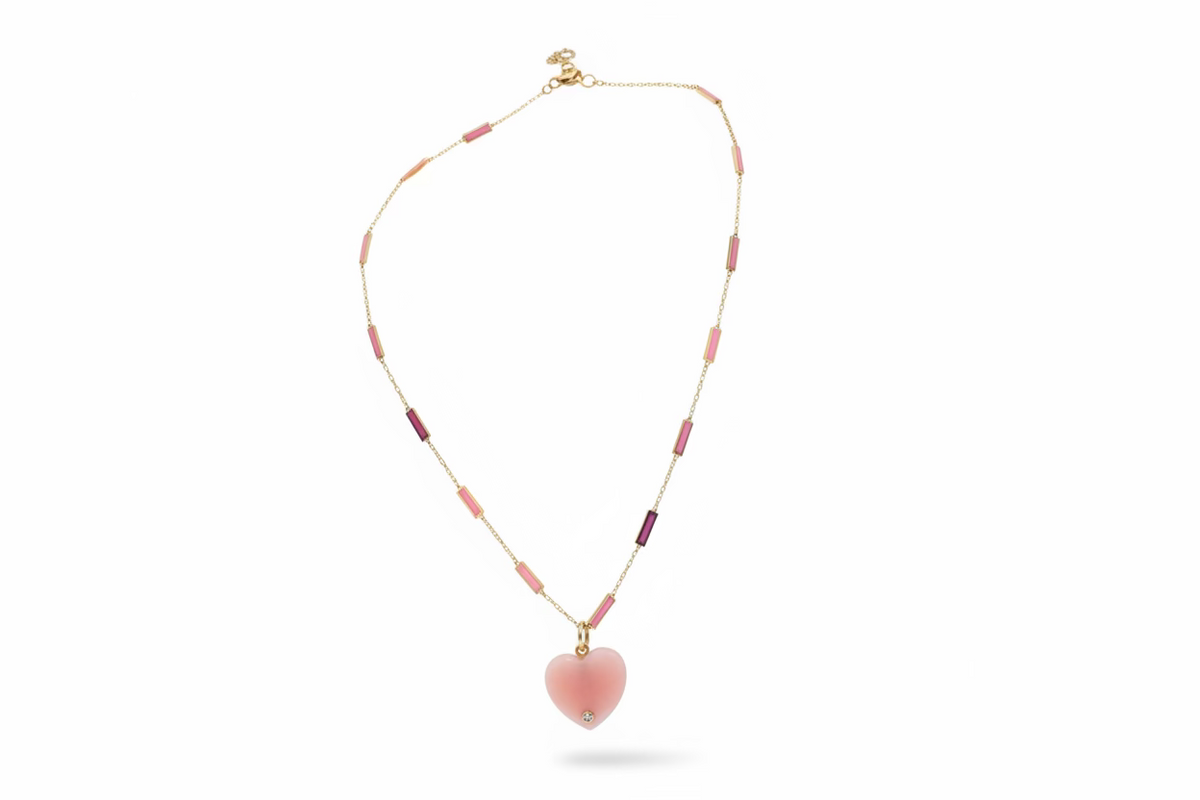 Yellow Gold Inlay Necklace Pink Enamel + Call Me Different Pink Quartz Heart Stone And Diamond