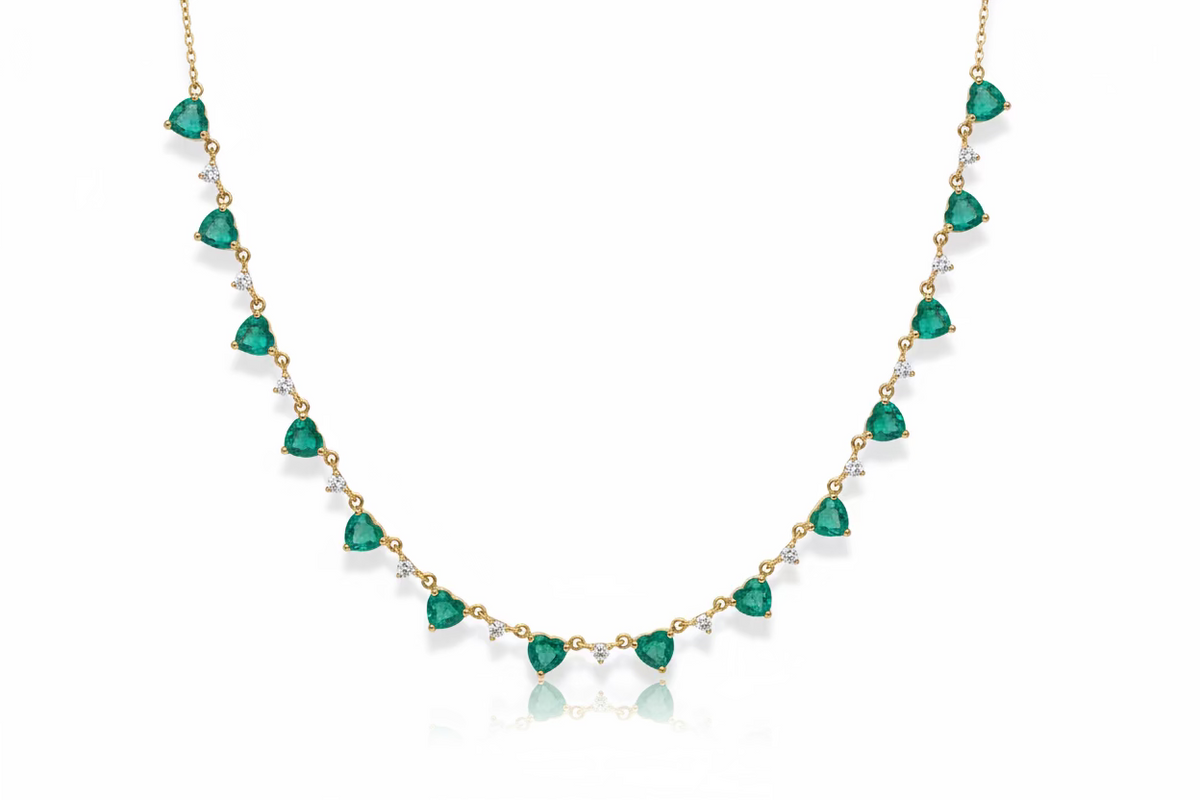 Yellow Gold Heart Emeralds and Diamonds Necklace