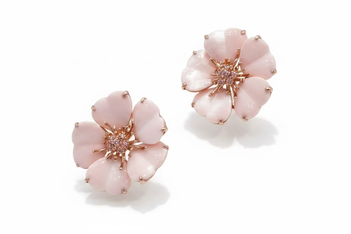 Pink Opal Daisy Earrings with  Diamonds