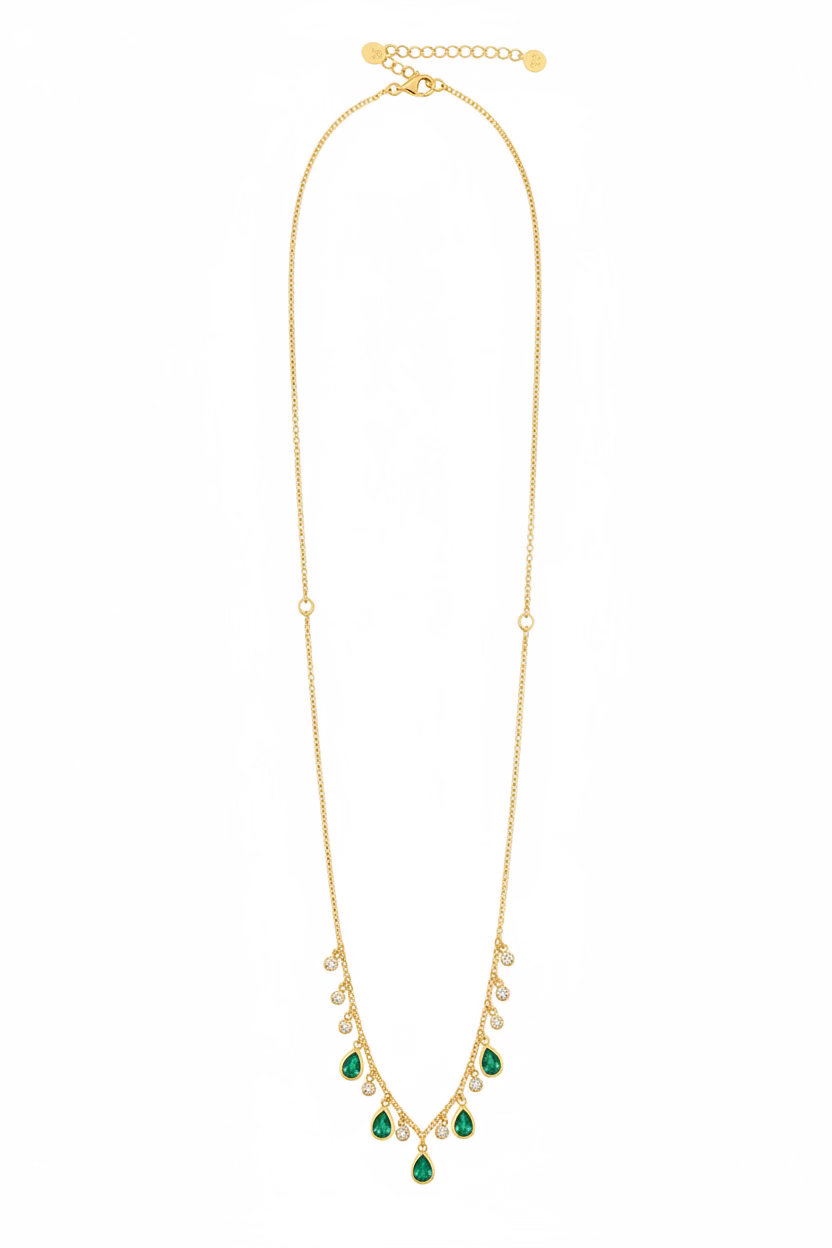 Yellow Gold Five Hearts Emerald and Diamonds Necklace